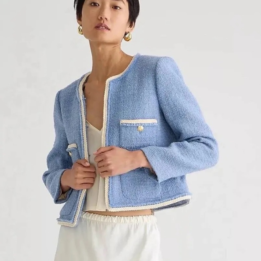 J. Crew Light Blue Bouclé Cropped Blazer with Cream Trim